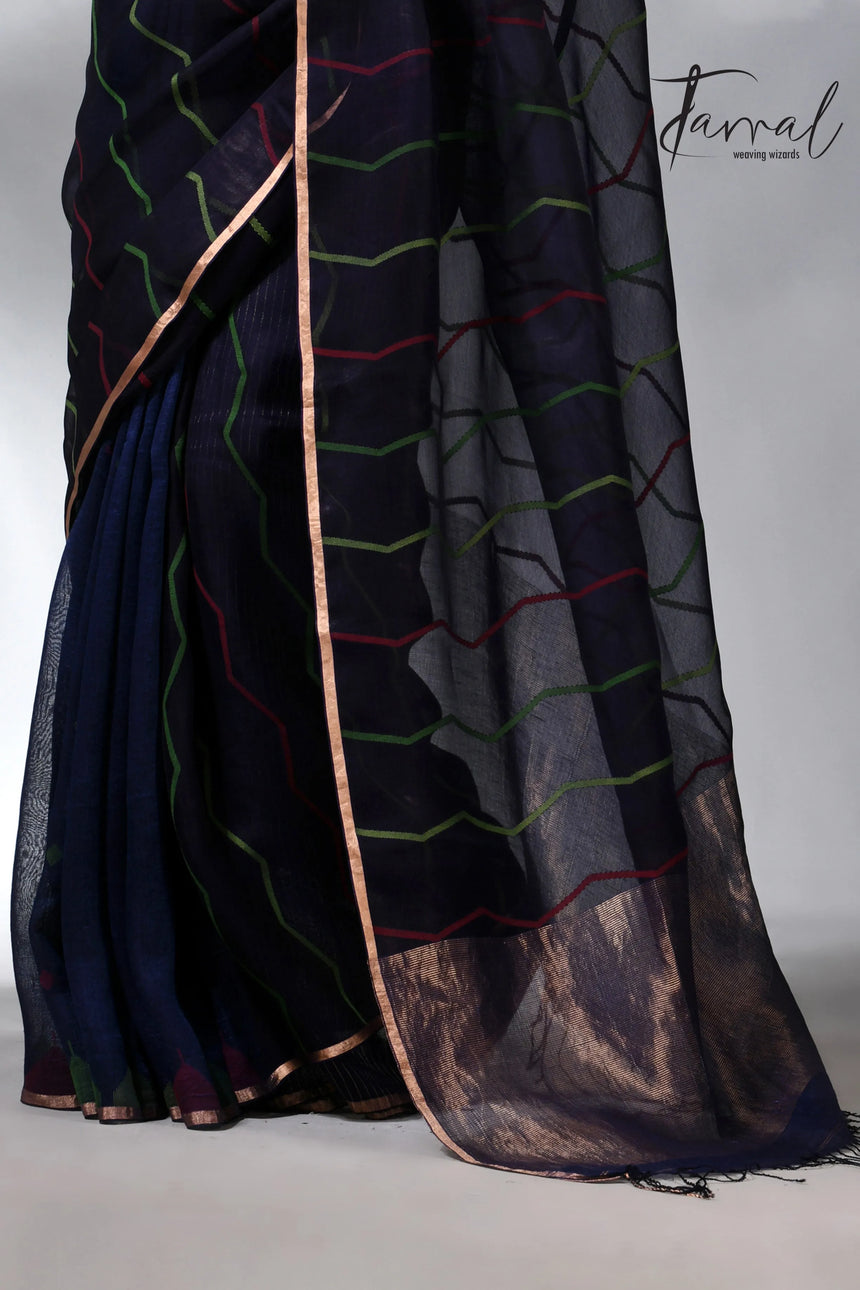Indigo_with_zari_half_silk_linen_handwoven_jamdani_saree