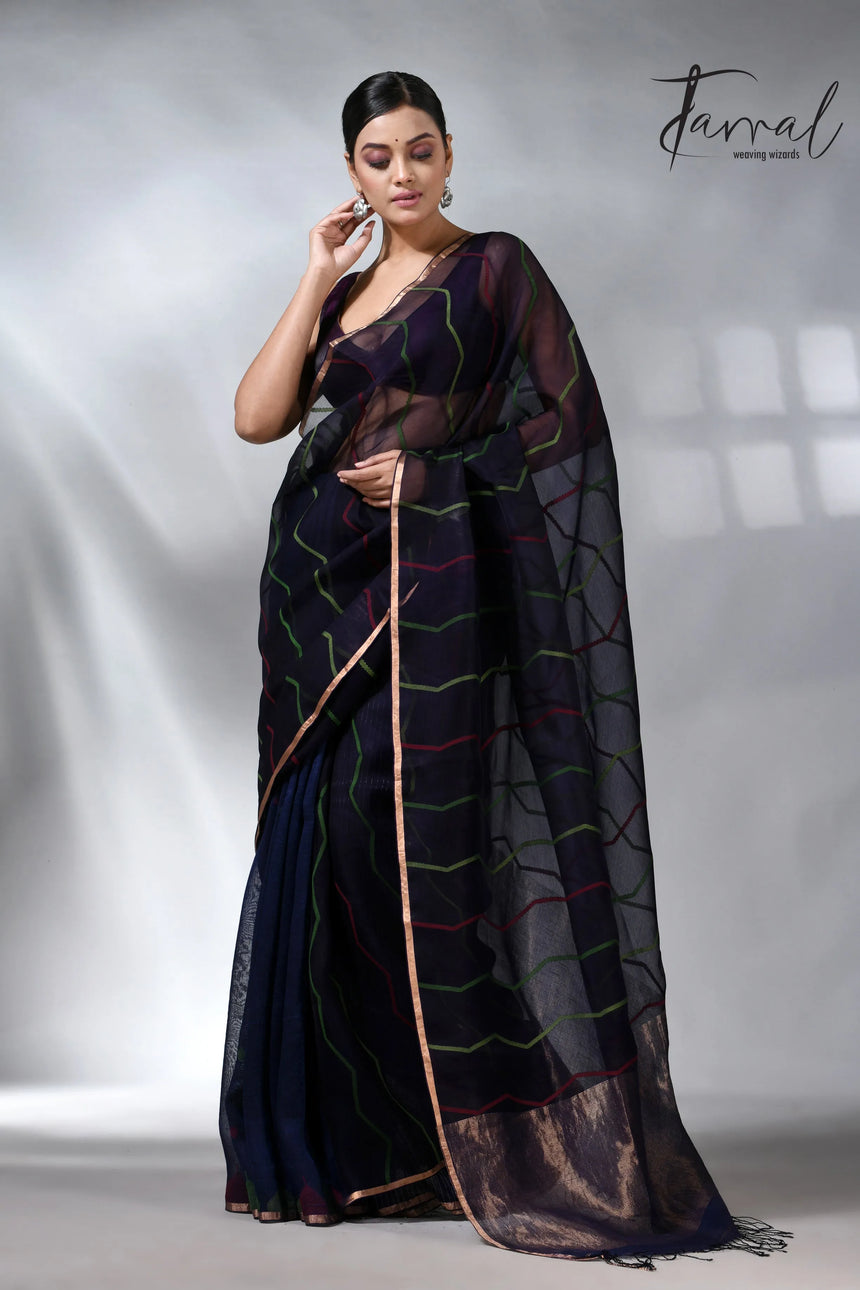 Indigo_with_zari_half_silk_linen_handwoven_jamdani_saree