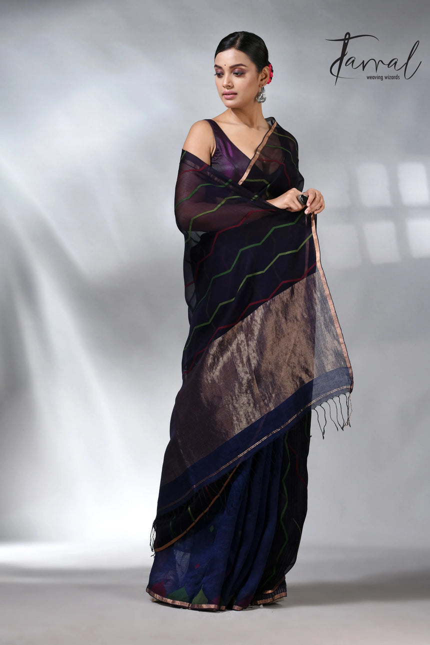 Indigo_with_zari_half_silk_linen_handwoven_jamdani_saree