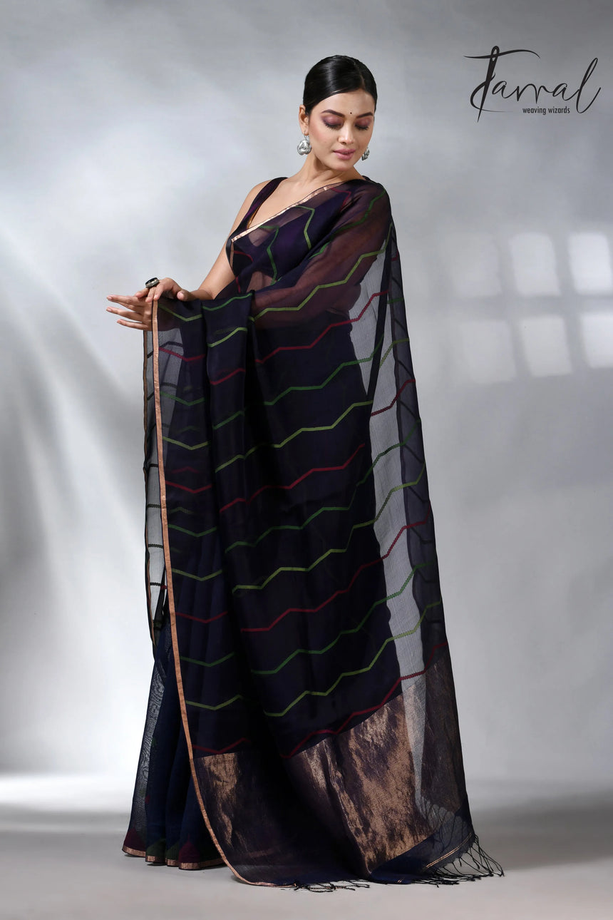 Indigo_with_zari_half_silk_linen_handwoven_jamdani_saree