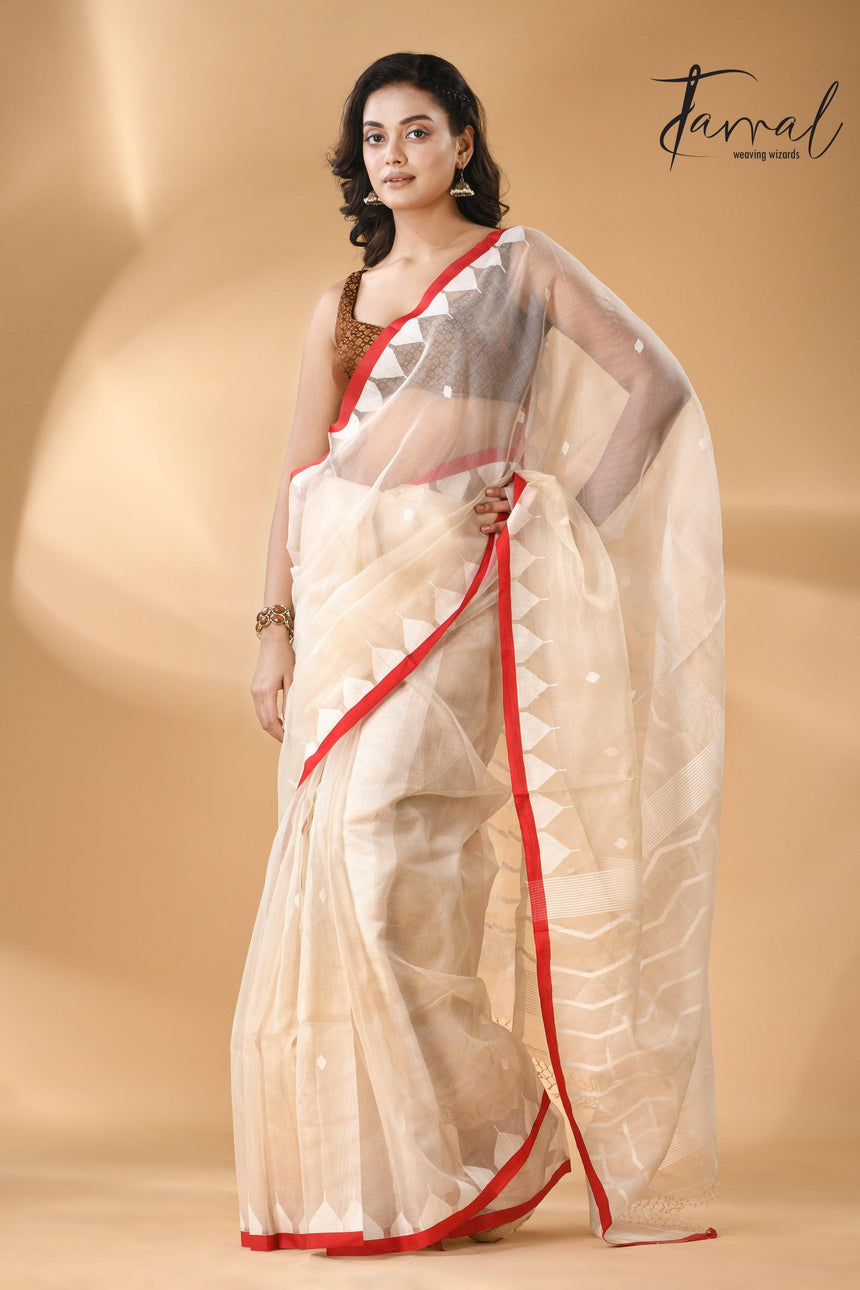 Ivory White Muslin Silk Handwoven Needlework Jamdani Saree Temple Border