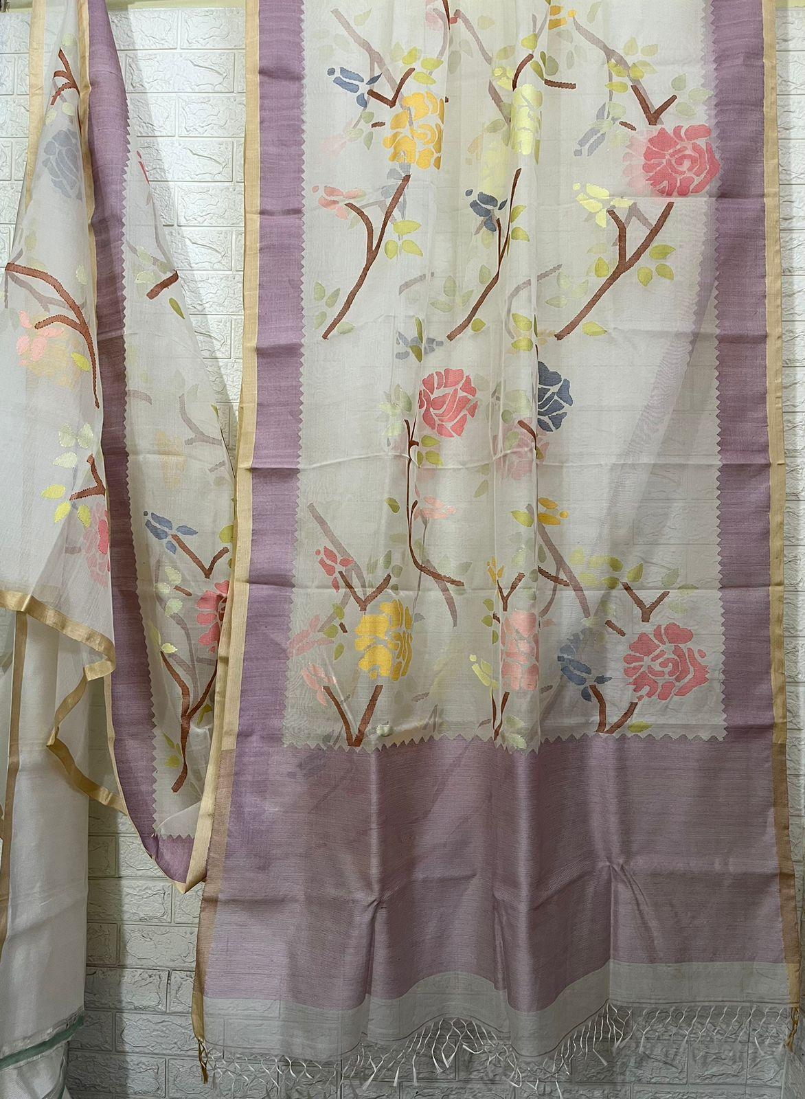 Ivory lavender rose dream muslin silk handwoven jamdani saree - Tamal Boutique