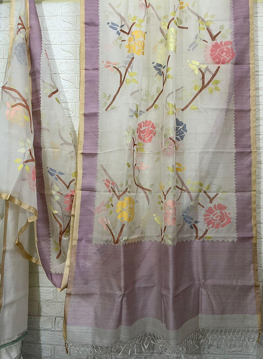 Ivory lavender rose dream muslin silk handwoven jamdani saree - Tamal Boutique