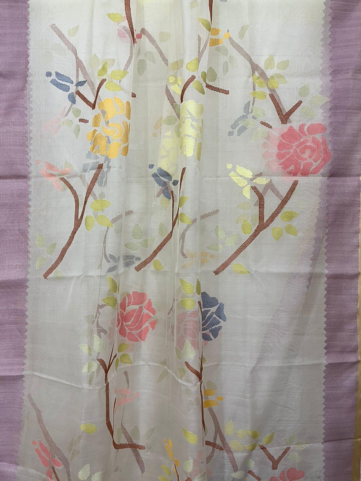 Ivory lavender rose dream muslin silk handwoven jamdani saree - Tamal Boutique