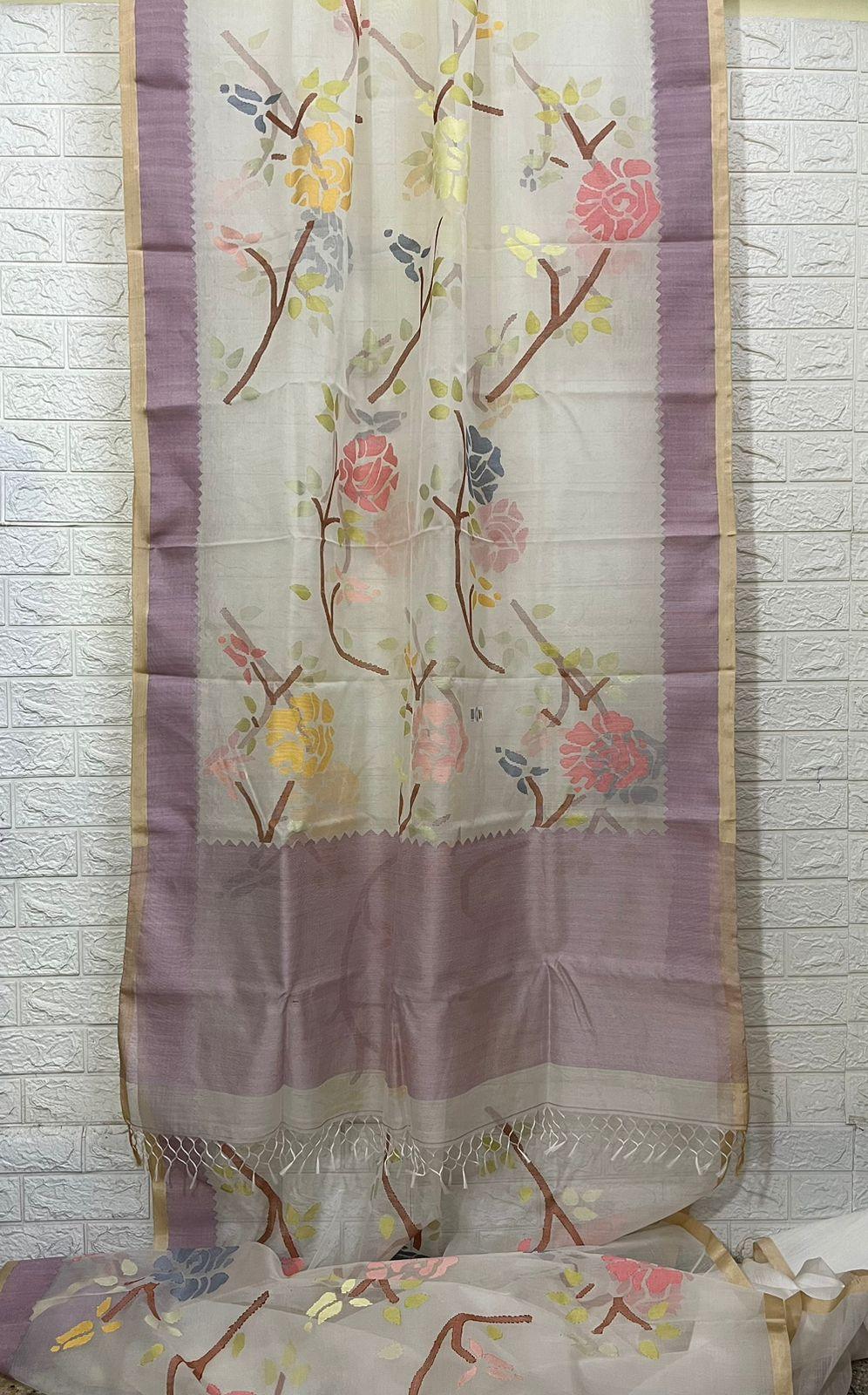 Ivory lavender rose dream muslin silk handwoven jamdani saree - Tamal Boutique