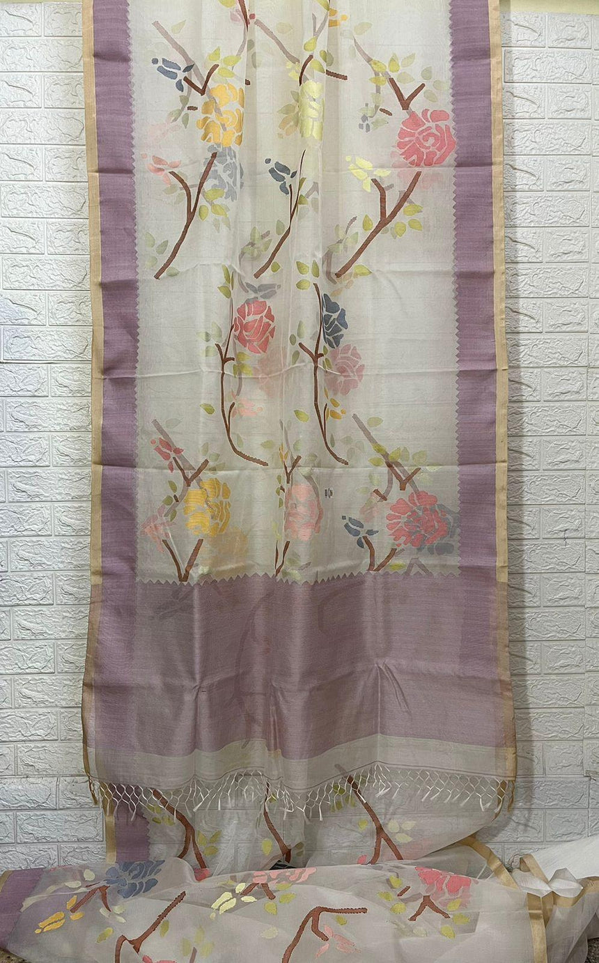 Ivory lavender rose dream muslin silk handwoven jamdani saree - Tamal Boutique