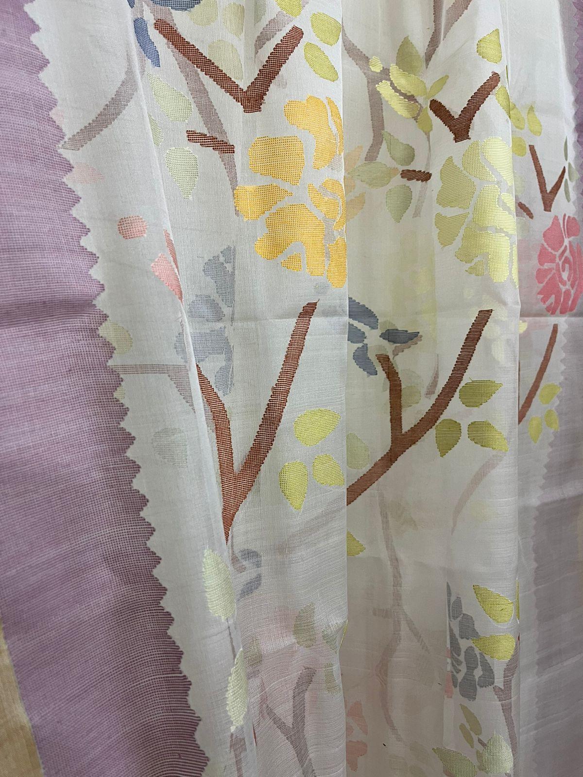 Ivory lavender rose dream muslin silk handwoven jamdani saree - Tamal Boutique