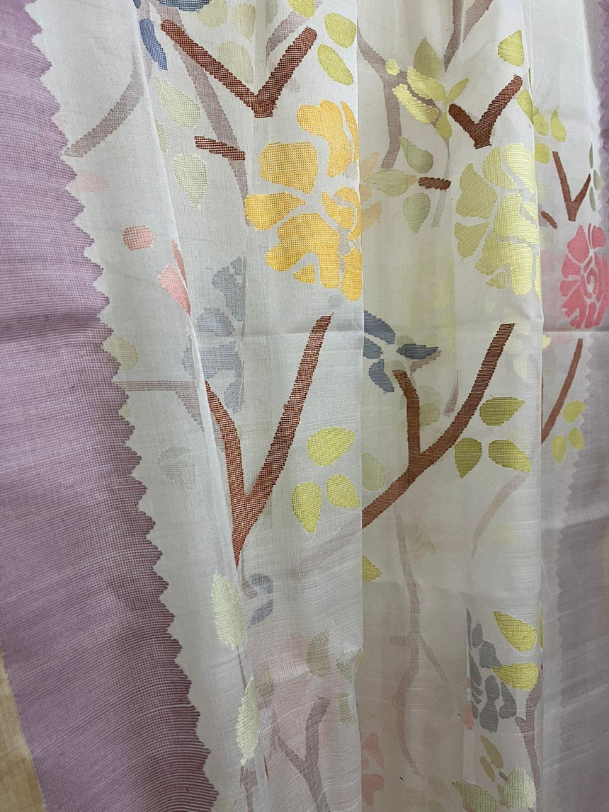 Ivory lavender rose dream muslin silk handwoven jamdani saree - Tamal Boutique