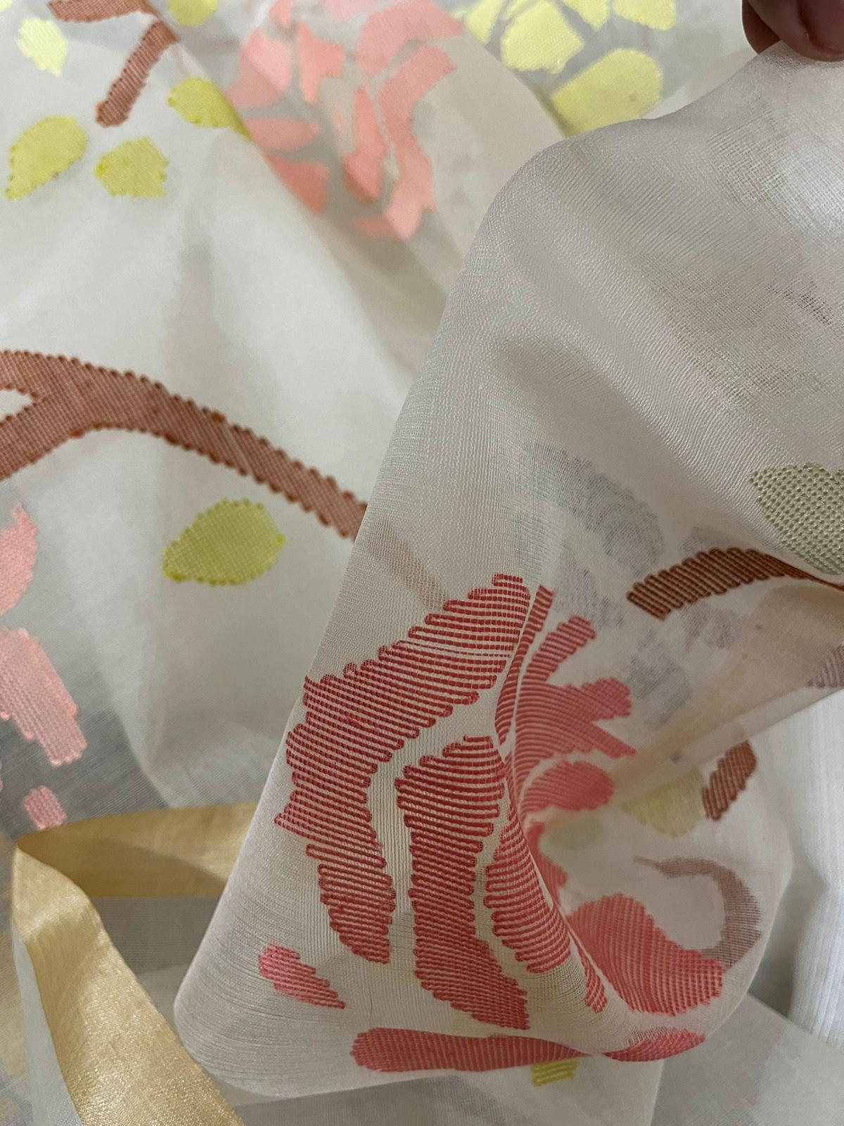 Ivory lavender rose dream muslin silk handwoven jamdani saree - Tamal Boutique