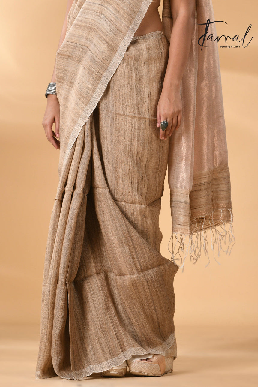 Jute Brown Tussar Ghicha Silk Saree with a beautiful golden pallu bottom