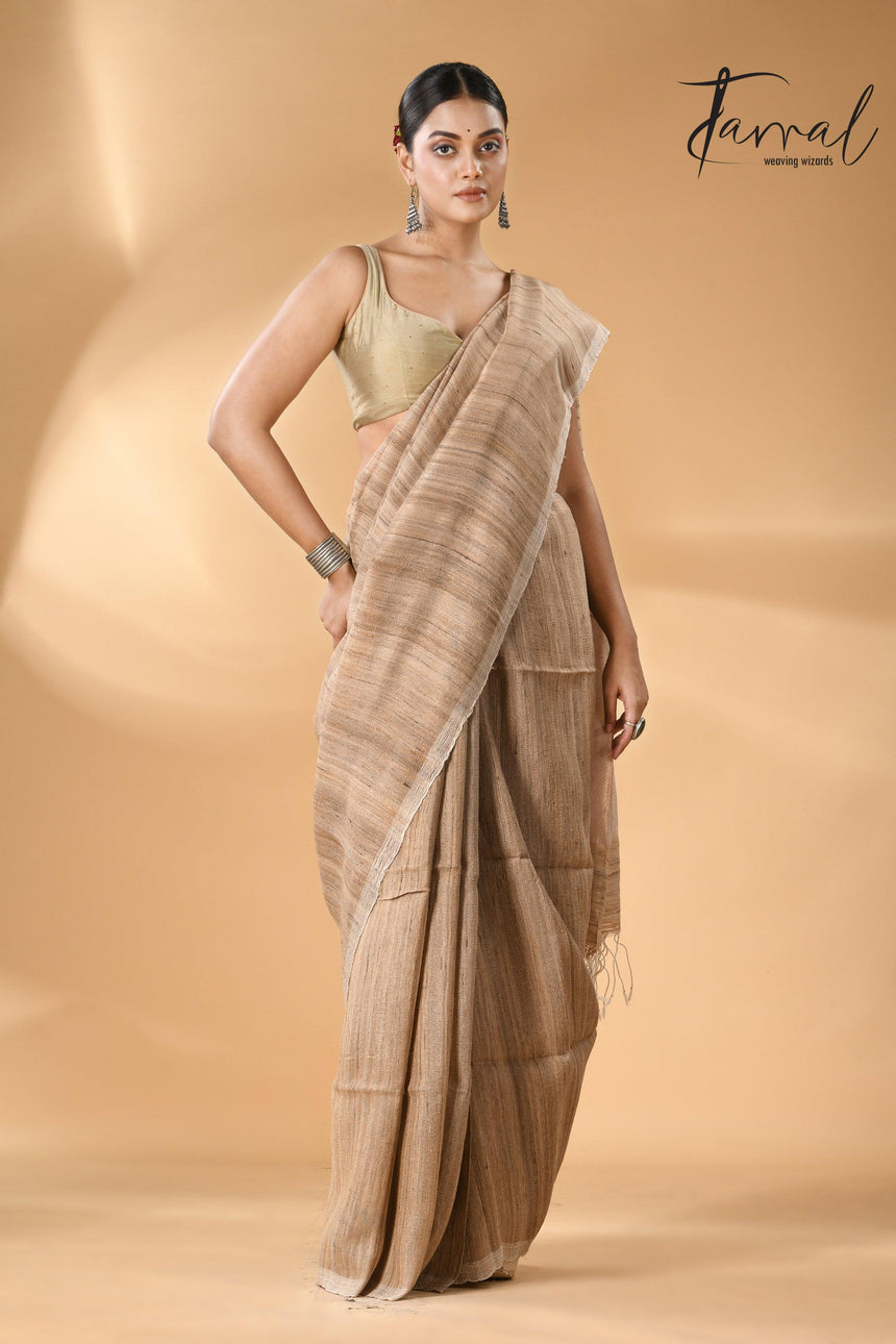 Jute Brown Tussar Ghicha Silk Saree with a beautiful golden pallu full