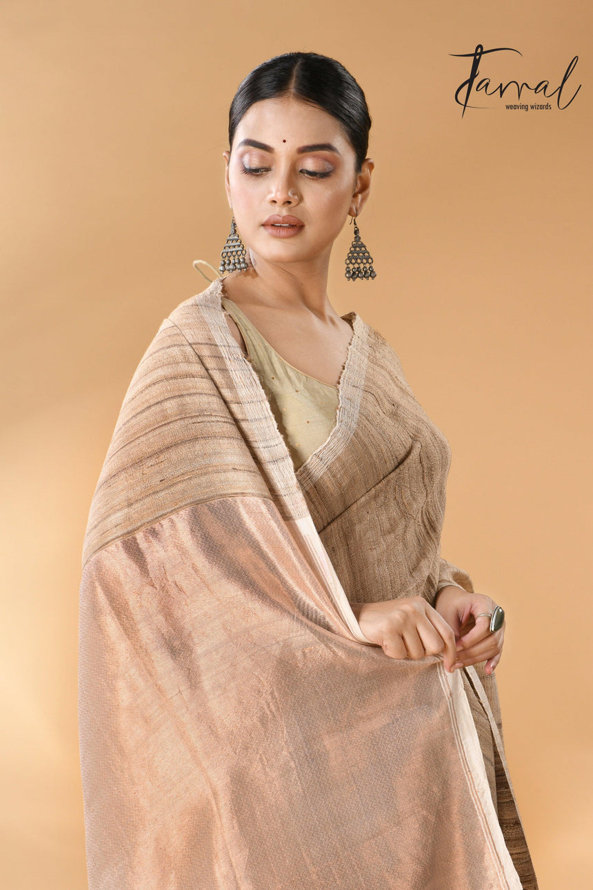 Jute Brown Tussar Ghicha Silk Saree with a beautiful golden pallu left