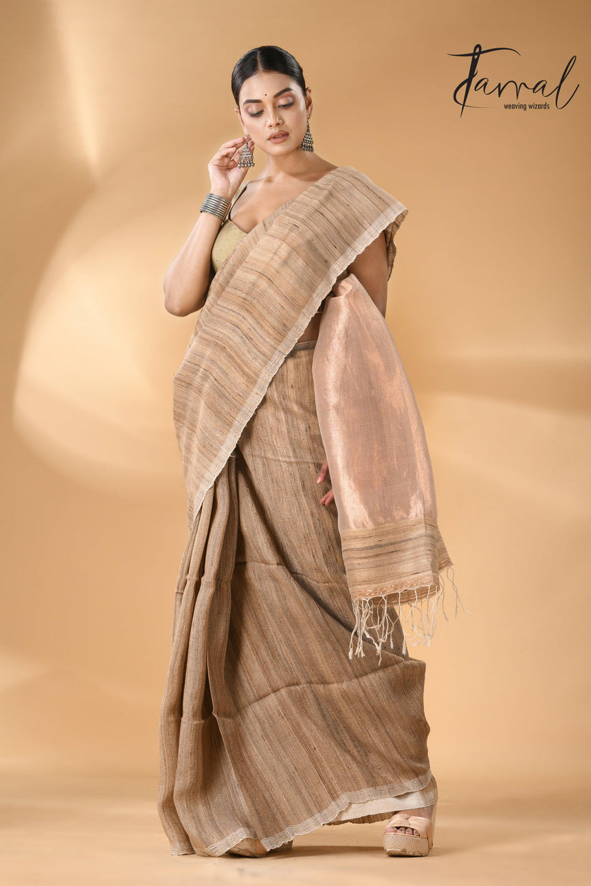 Jute Brown Tussar Ghicha Silk Saree with a beautiful golden pallu left2
