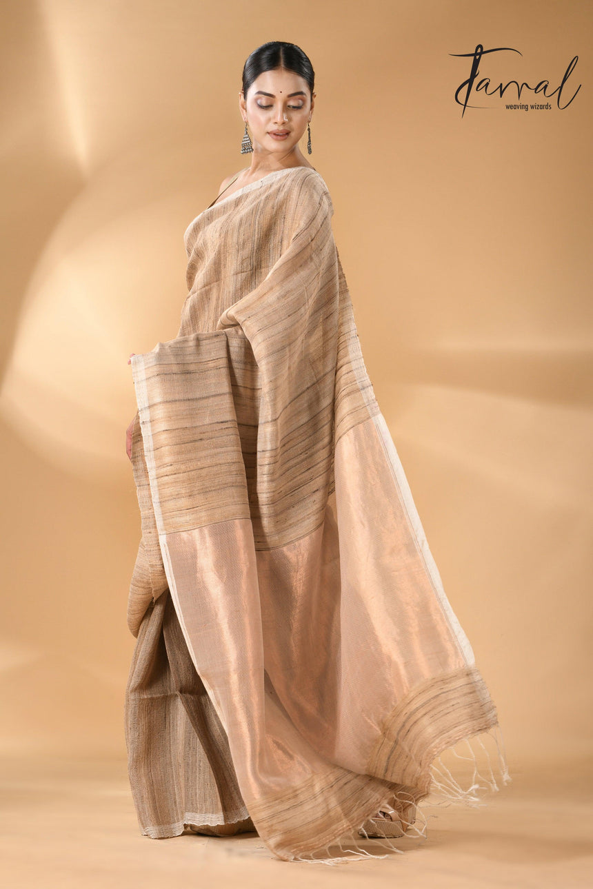 Jute Brown Tussar Ghicha Silk Saree with a beautiful golden pallu right