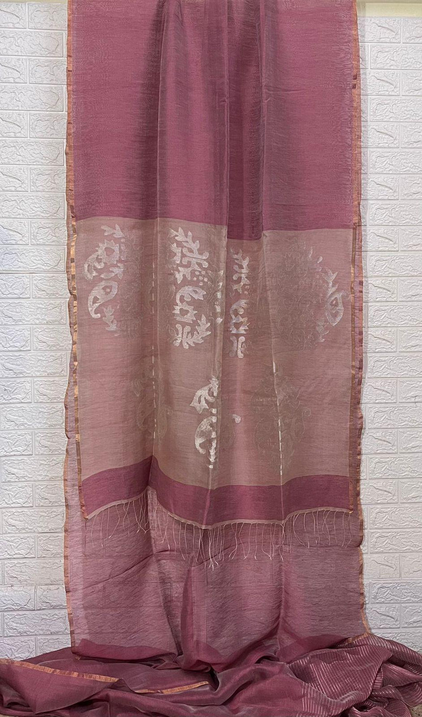 Kashmiri pink with silver zari work pallu silk linen handwoven jamdani saree - Tamal Boutique