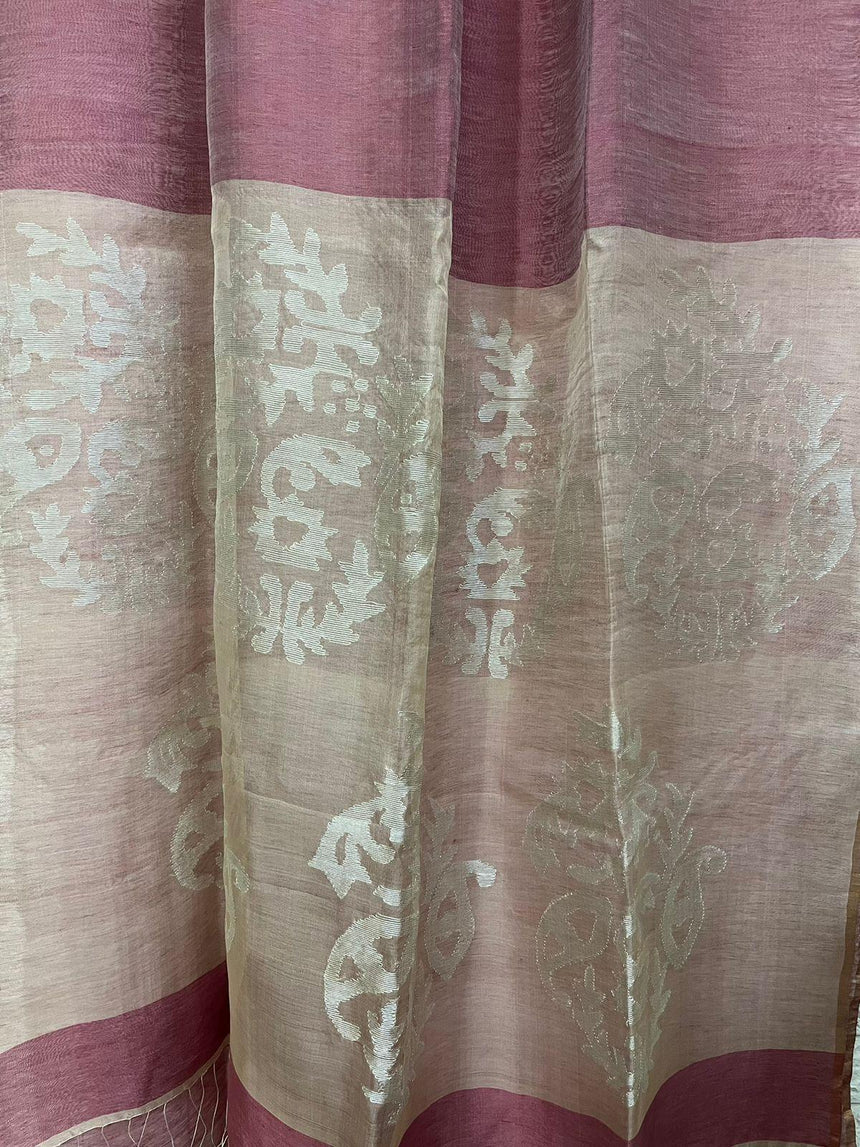 Kashmiri pink with silver zari work pallu silk linen handwoven jamdani saree - Tamal Boutique