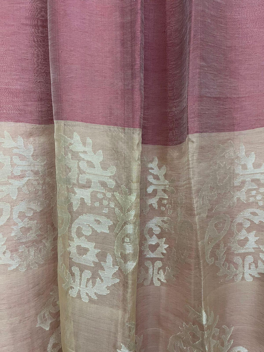 Kashmiri pink with silver zari work pallu silk linen handwoven jamdani saree - Tamal Boutique