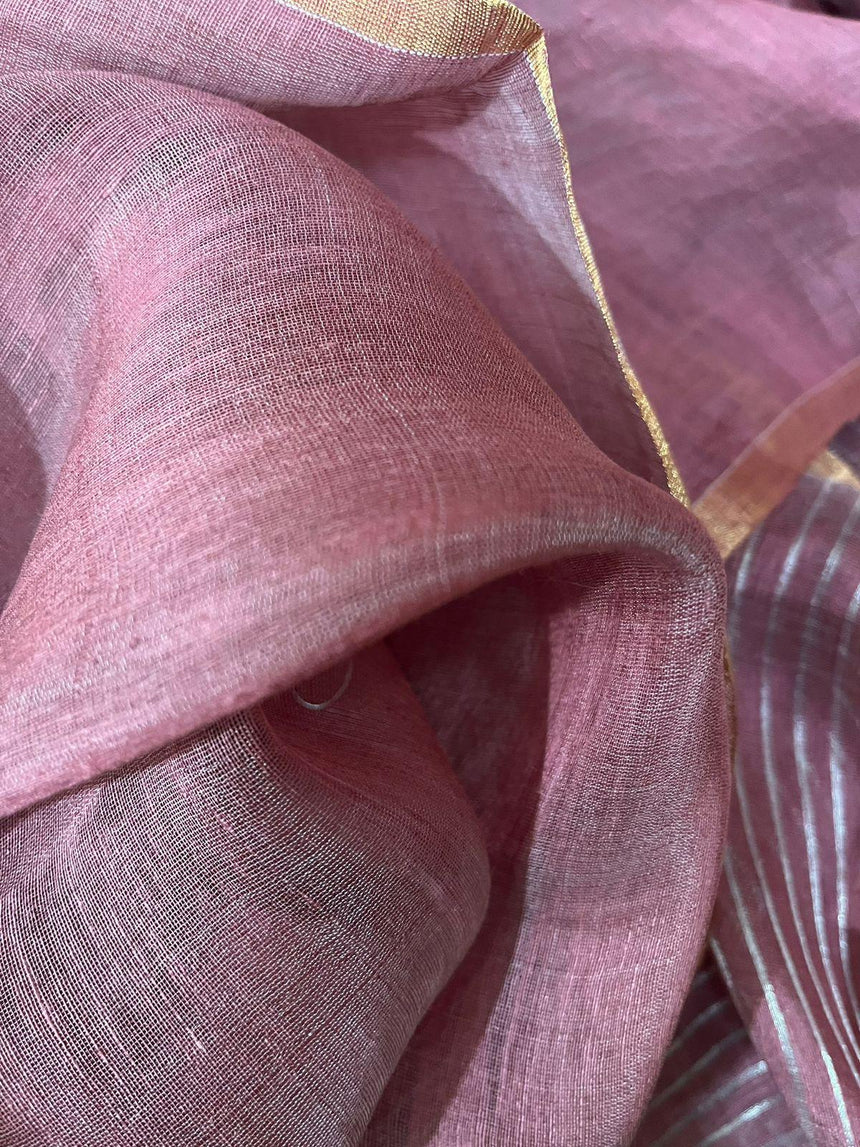 Kashmiri pink with silver zari work pallu silk linen handwoven jamdani saree - Tamal Boutique