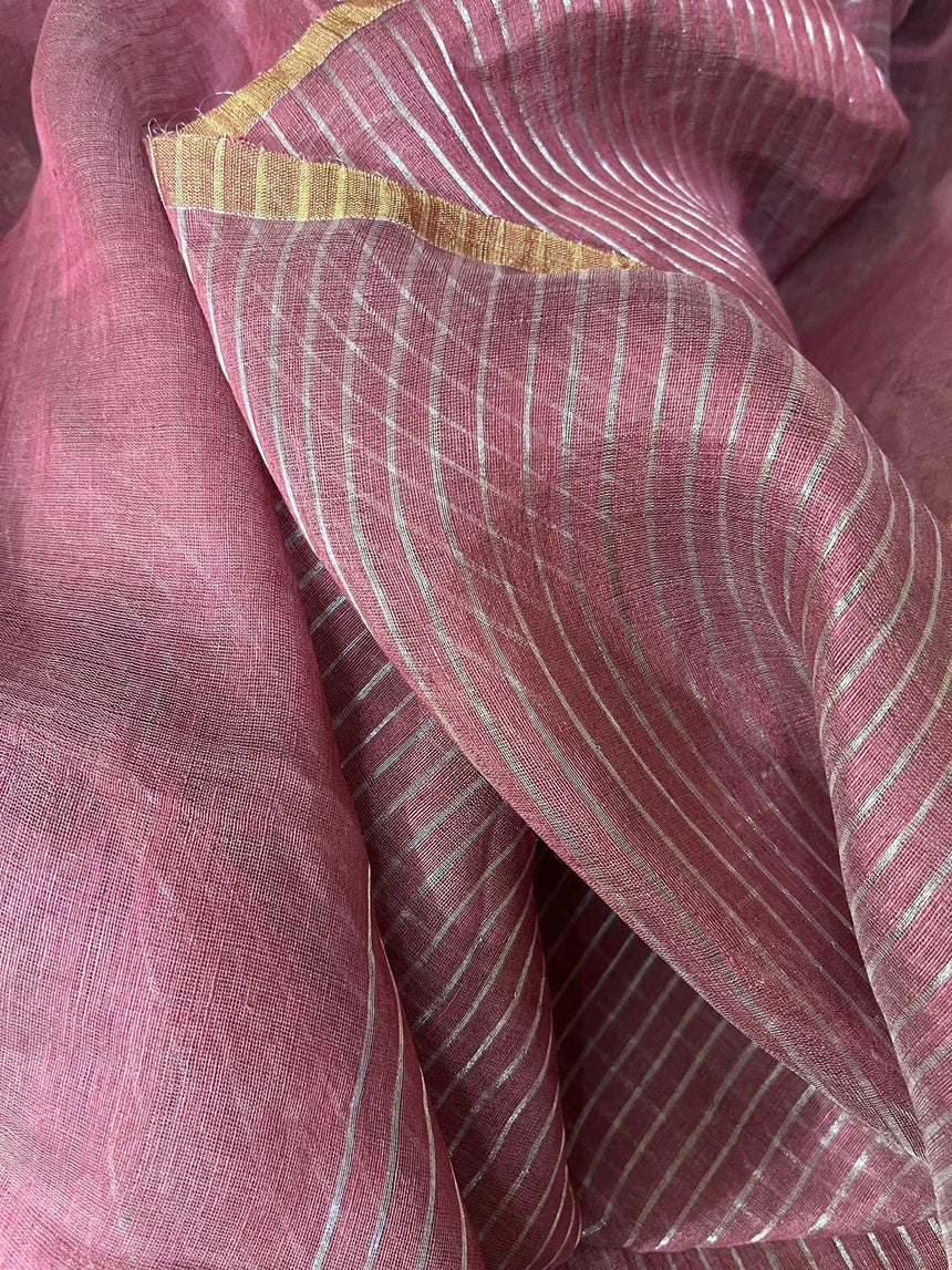 Kashmiri pink with silver zari work pallu silk linen handwoven jamdani saree - Tamal Boutique
