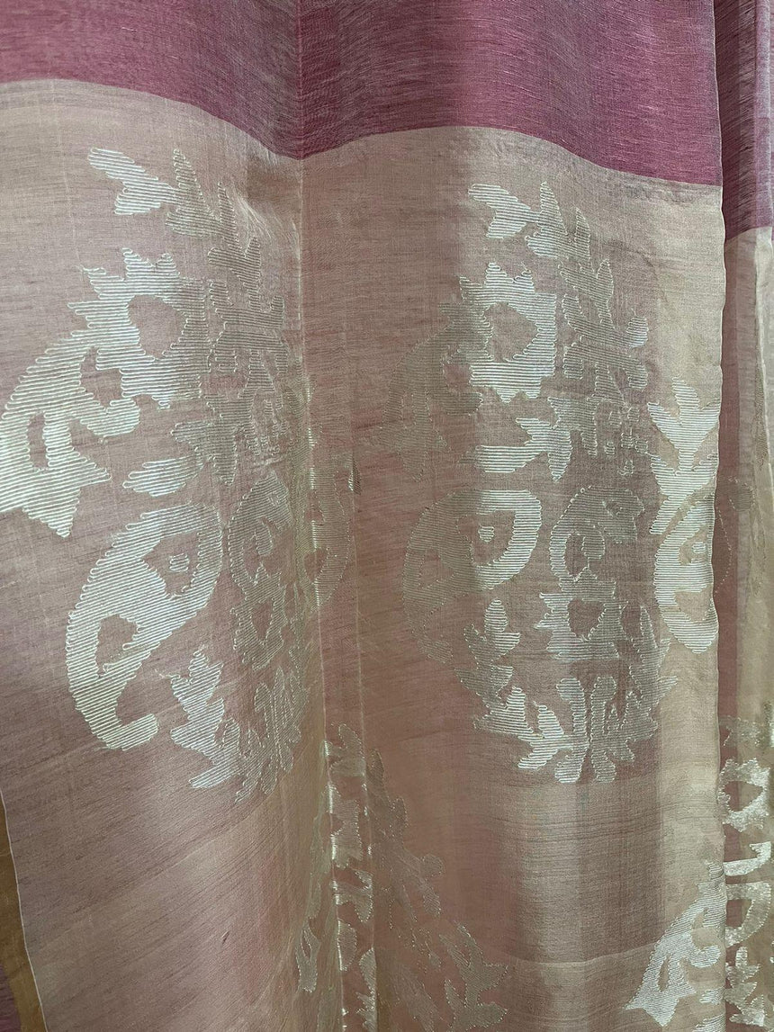 Kashmiri pink with silver zari work pallu silk linen handwoven jamdani saree - Tamal Boutique