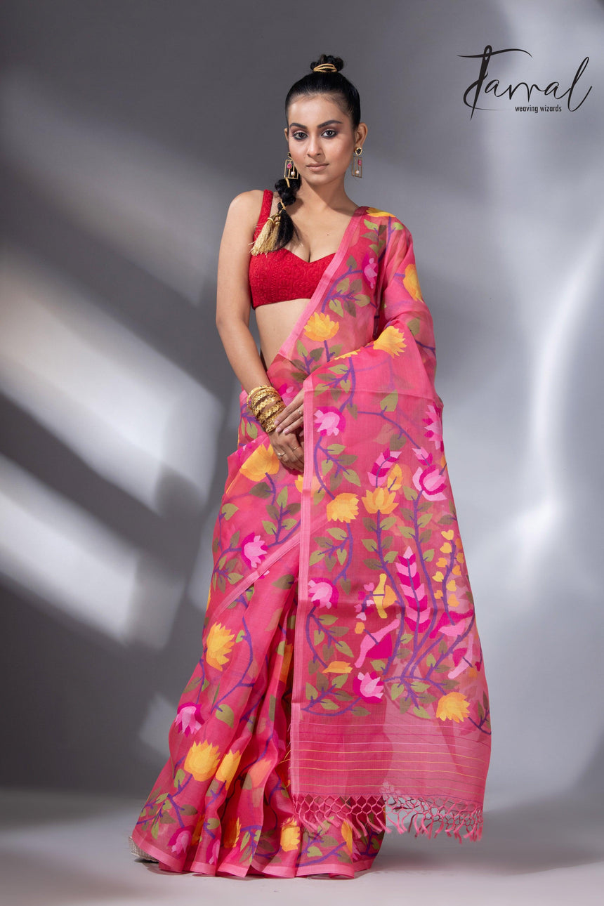 Kasmiri pink allover floral handwoven muslin silk jamdani saree