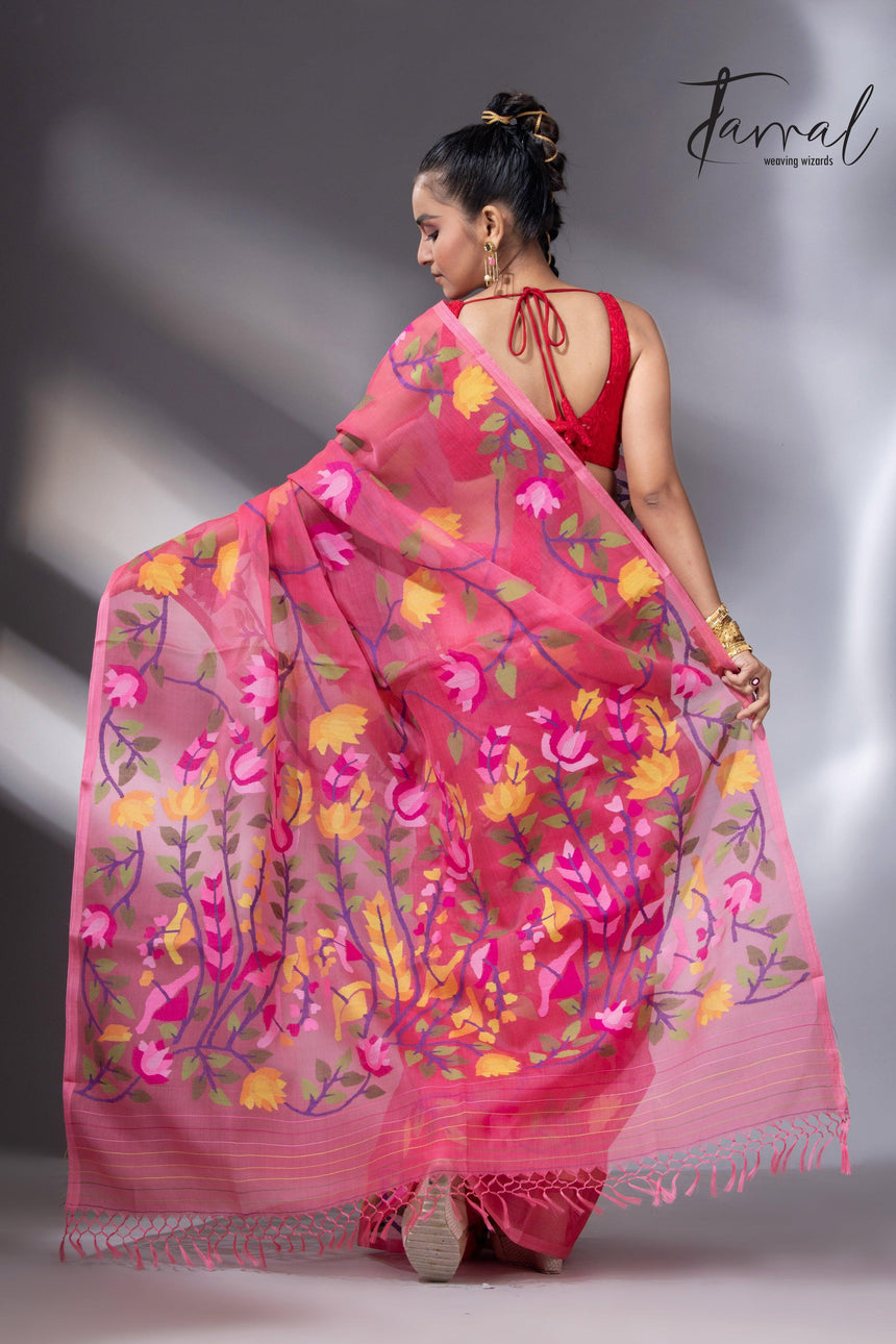 Kasmiri pink allover floral handwoven muslin silk jamdani saree back