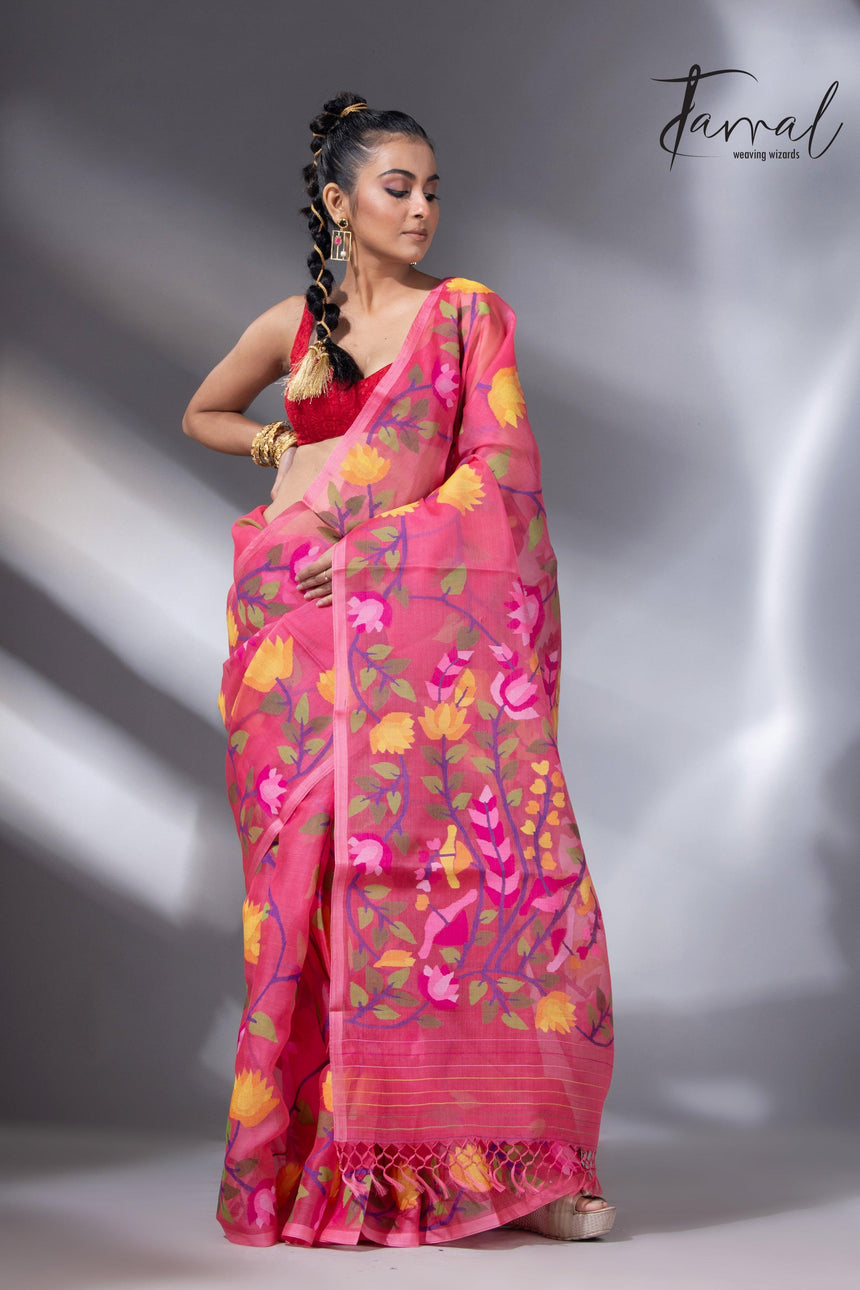 Kasmiri pink allover floral handwoven muslin silk jamdani saree full