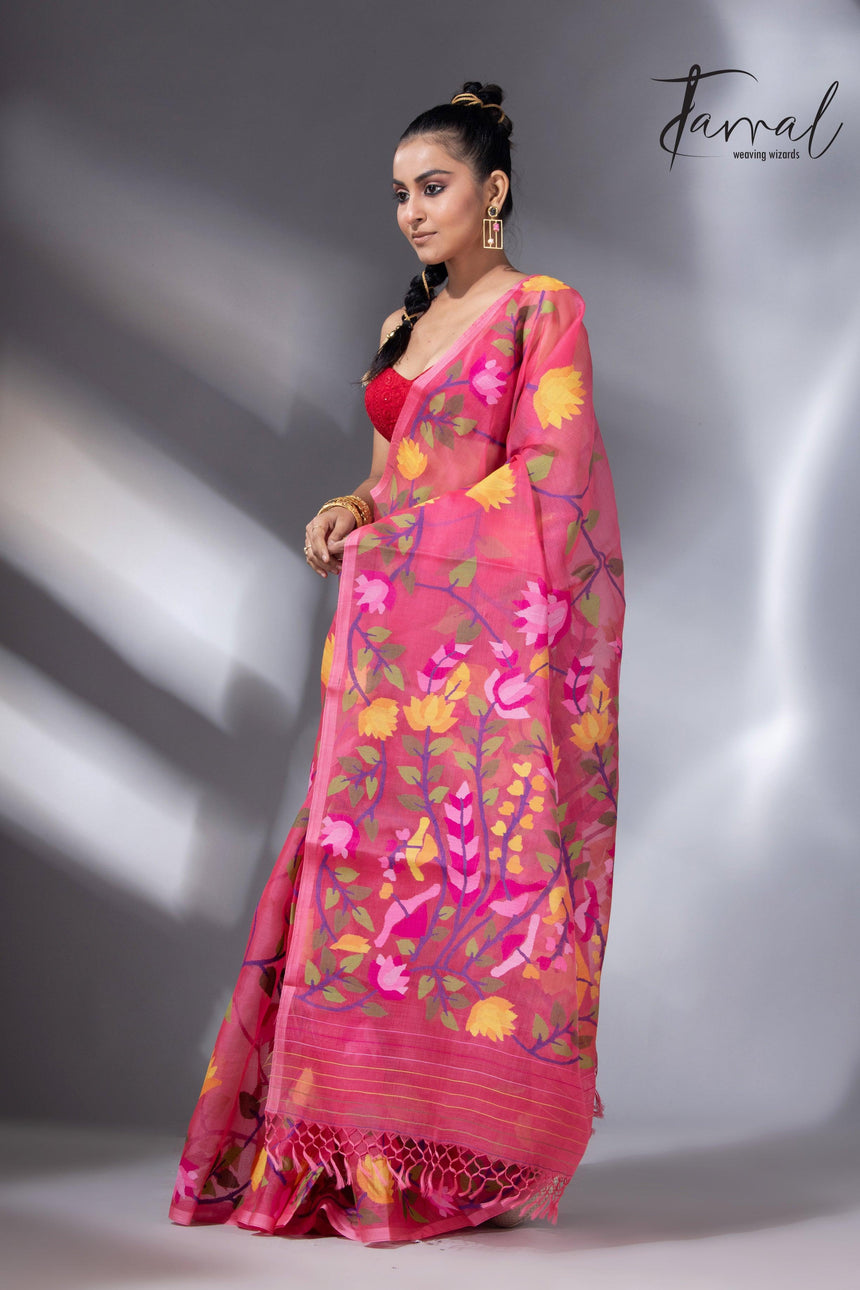 Kasmiri pink allover floral handwoven muslin silk jamdani saree left