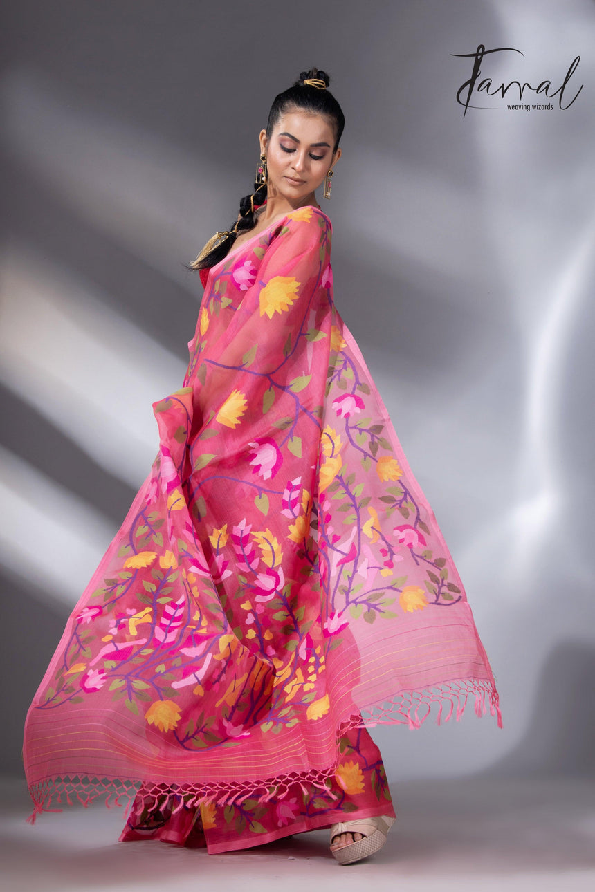 Kasmiri pink allover floral handwoven muslin silk jamdani saree left