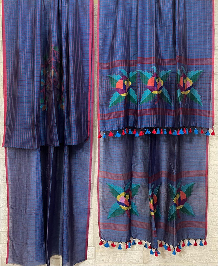 Krishna nil rose motifs checks kurti & dupatta cotton handwoven jamdani set - Tamal Boutique