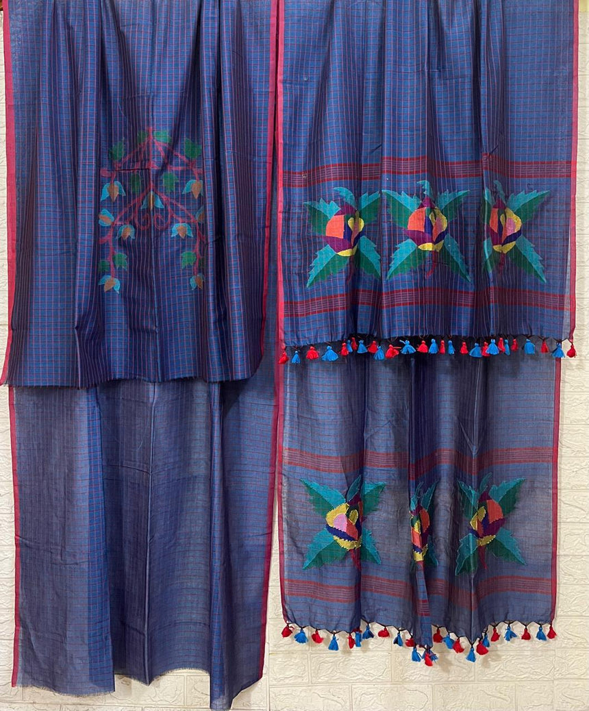 Krishna nil rose motifs checks kurti & dupatta cotton handwoven jamdani set - Tamal Boutique