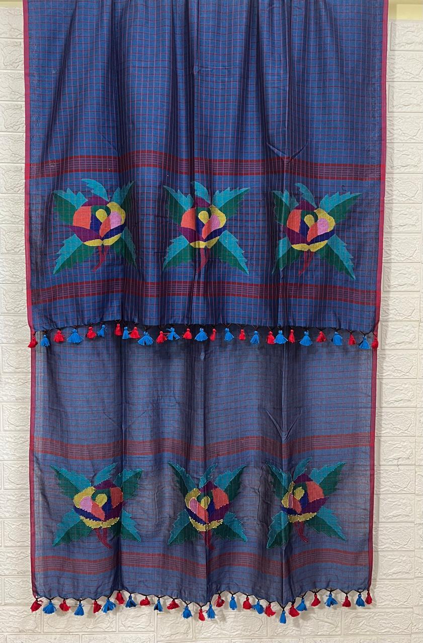 Krishna nil rose motifs checks kurti & dupatta cotton handwoven jamdani set - Tamal Boutique