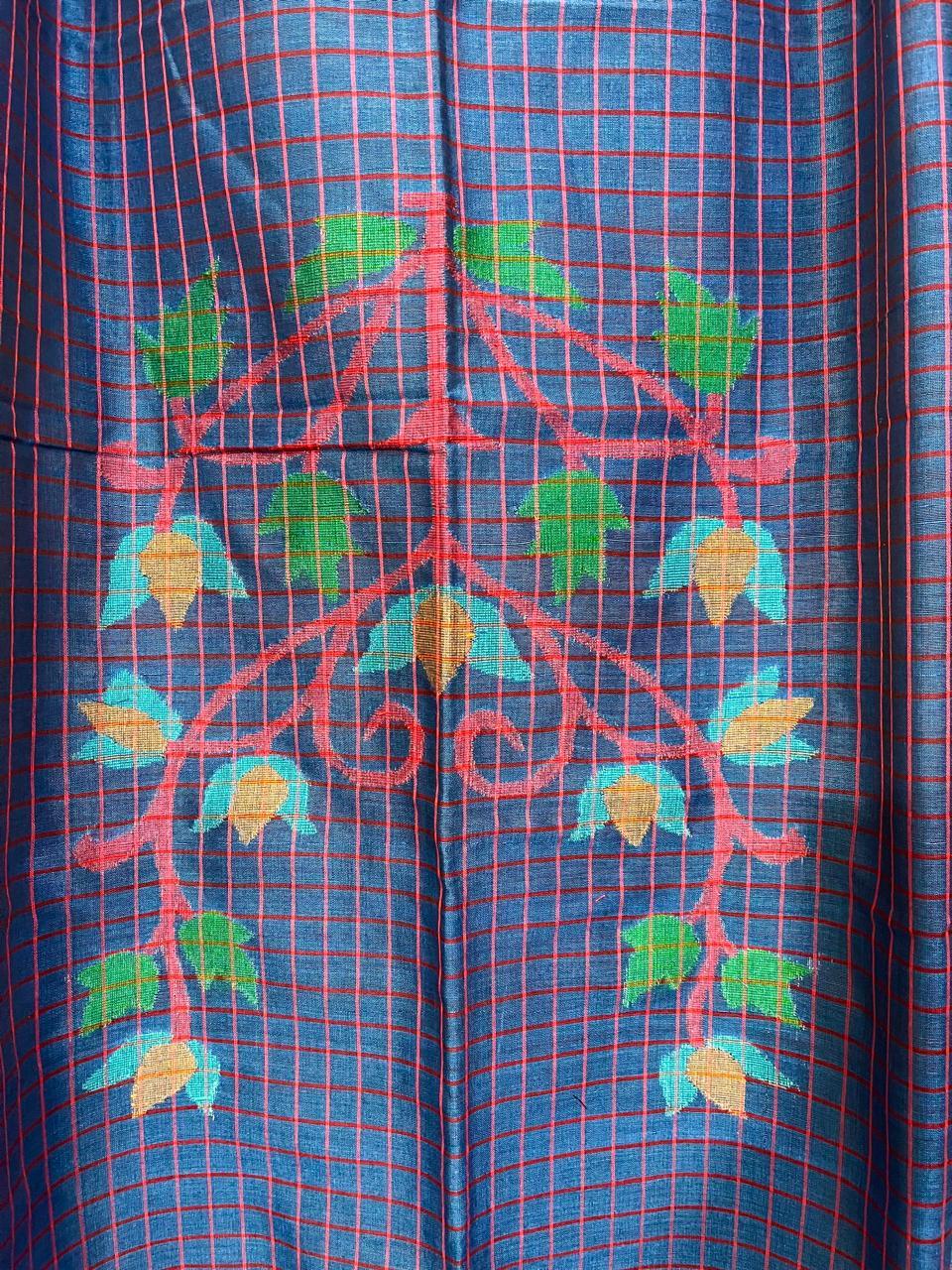 Krishna nil rose motifs checks kurti & dupatta cotton handwoven jamdani set - Tamal Boutique