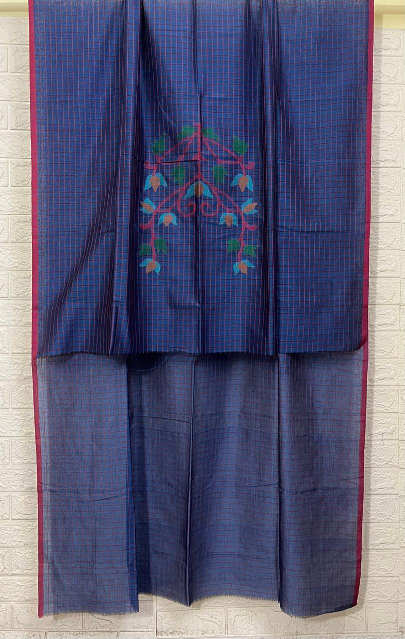 Krishna nil rose motifs checks kurti & dupatta cotton handwoven jamdani set - Tamal Boutique