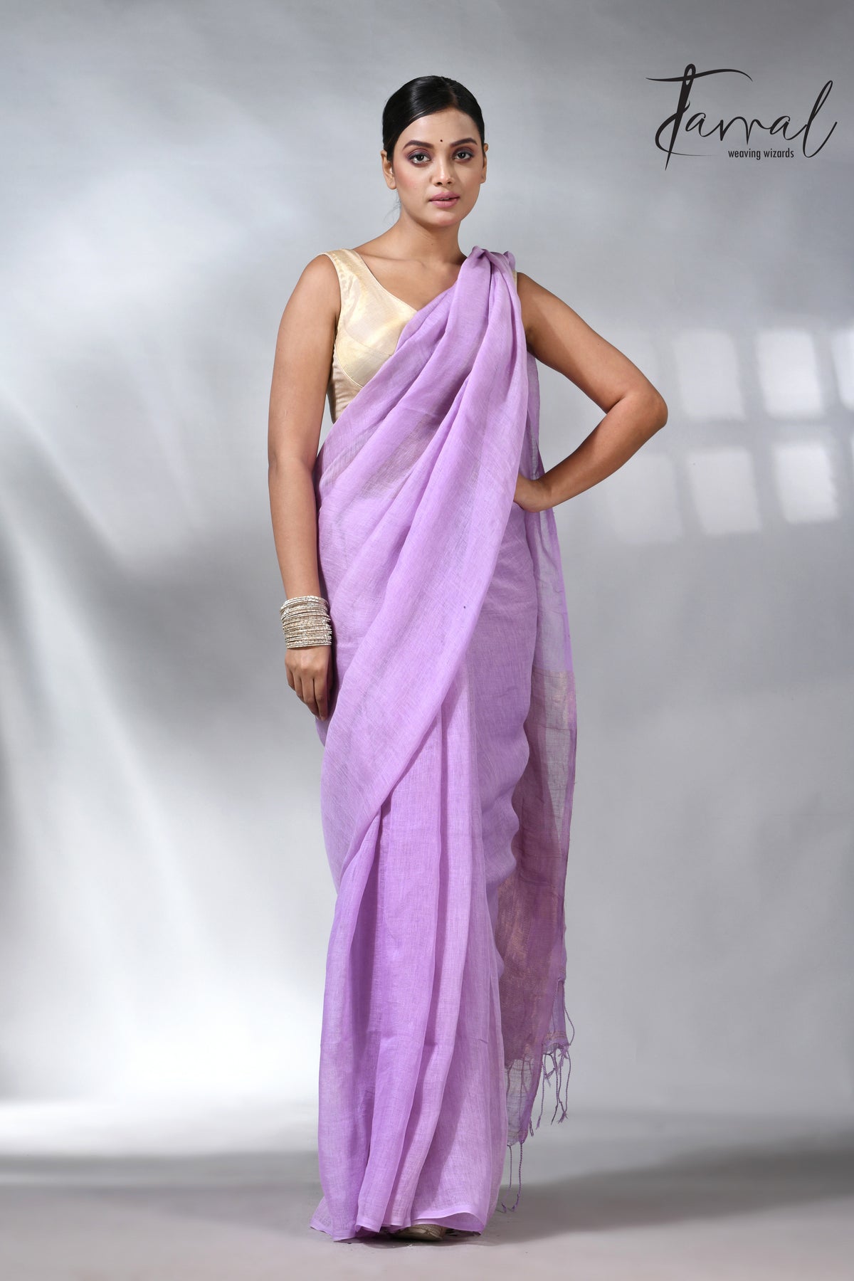 Lavemder with golden zari stripe pallu linen handloom saree