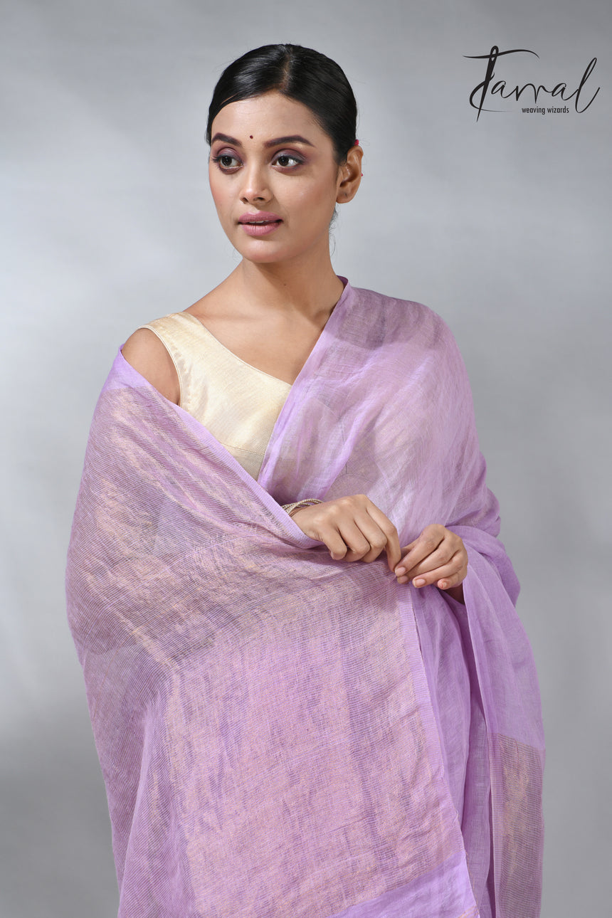 Lavemder with golden zari stripe pallu linen handloom saree