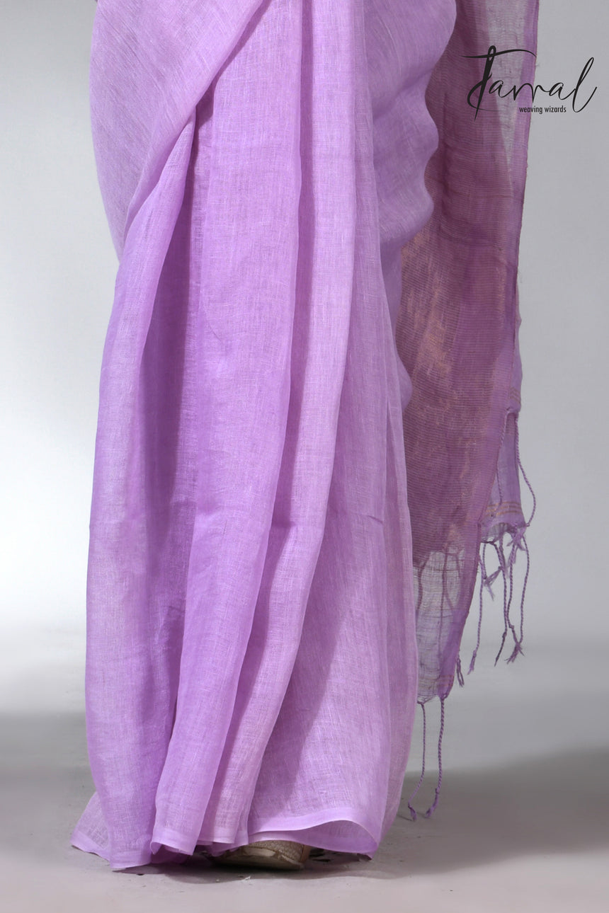 Lavemder with golden zari stripe pallu linen handloom saree