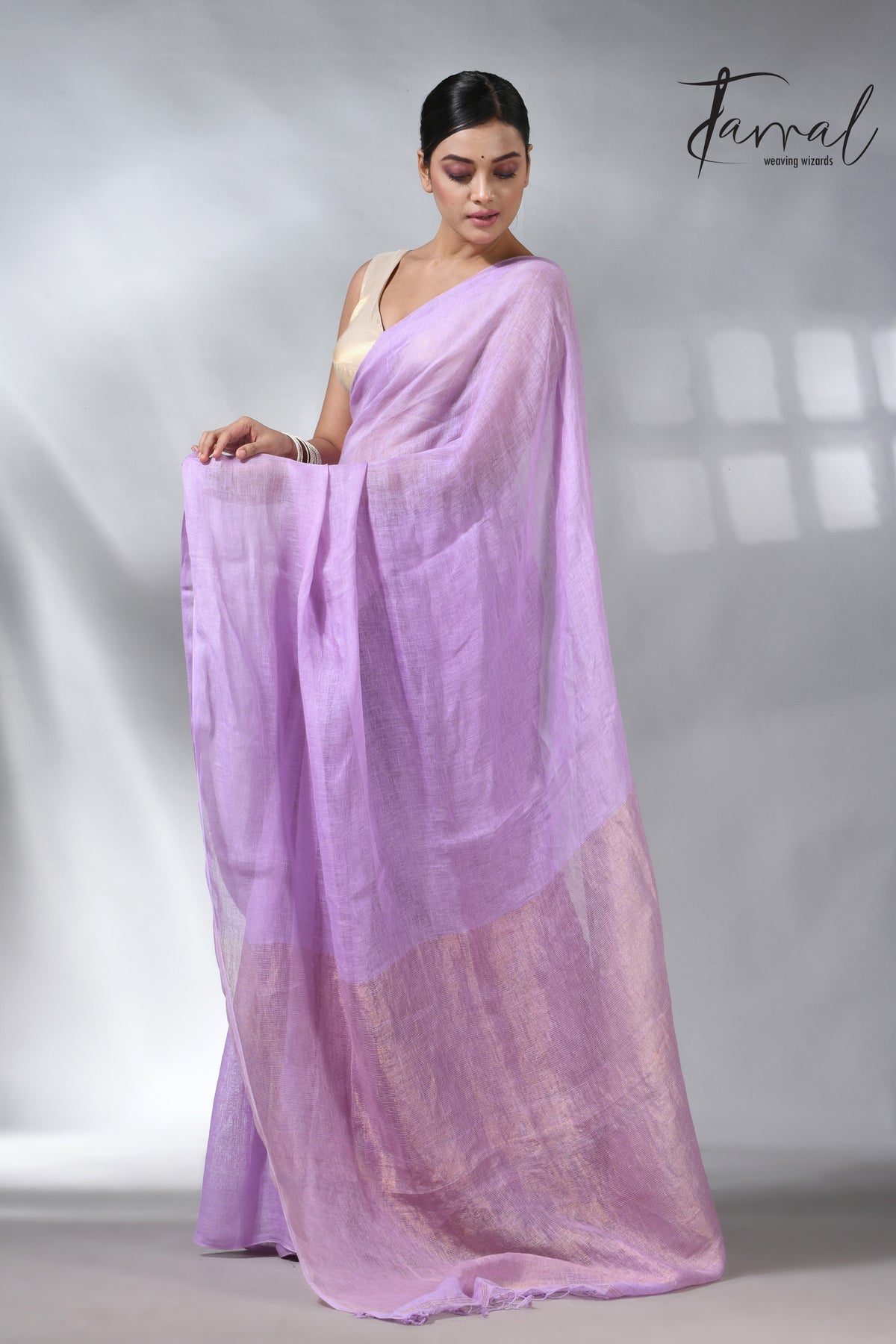 Lavemder with golden zari stripe pallu linen handloom saree