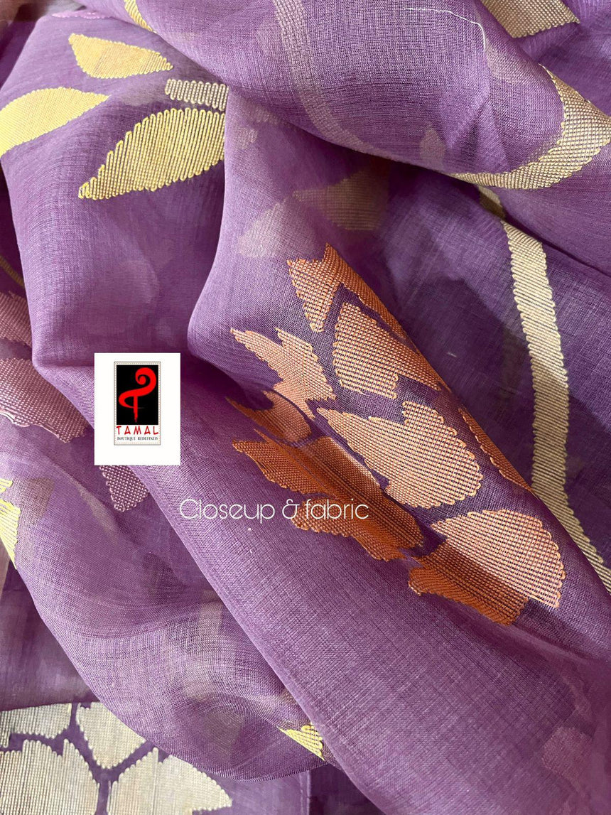 Lavender with multi colour allover floral muslin silk handwoven jamdani saree - Tamal Boutique