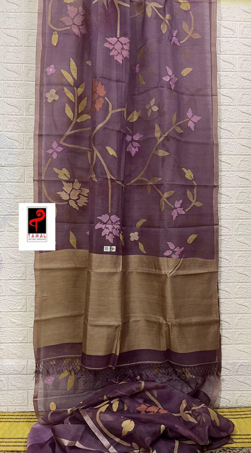 Lavender with multi colour allover floral muslin silk handwoven jamdani saree - Tamal Boutique
