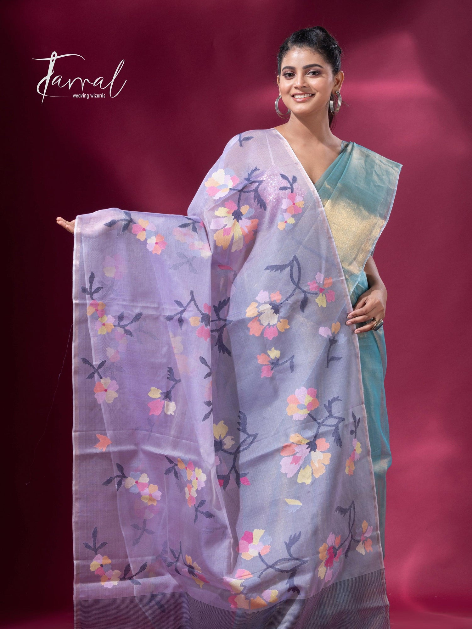 Lavender floral handwoven muslin silk jamdani dupatta