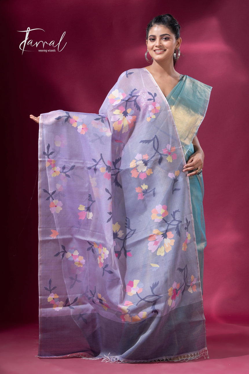 Lavender floral handwoven muslin silk jamdani dupatta