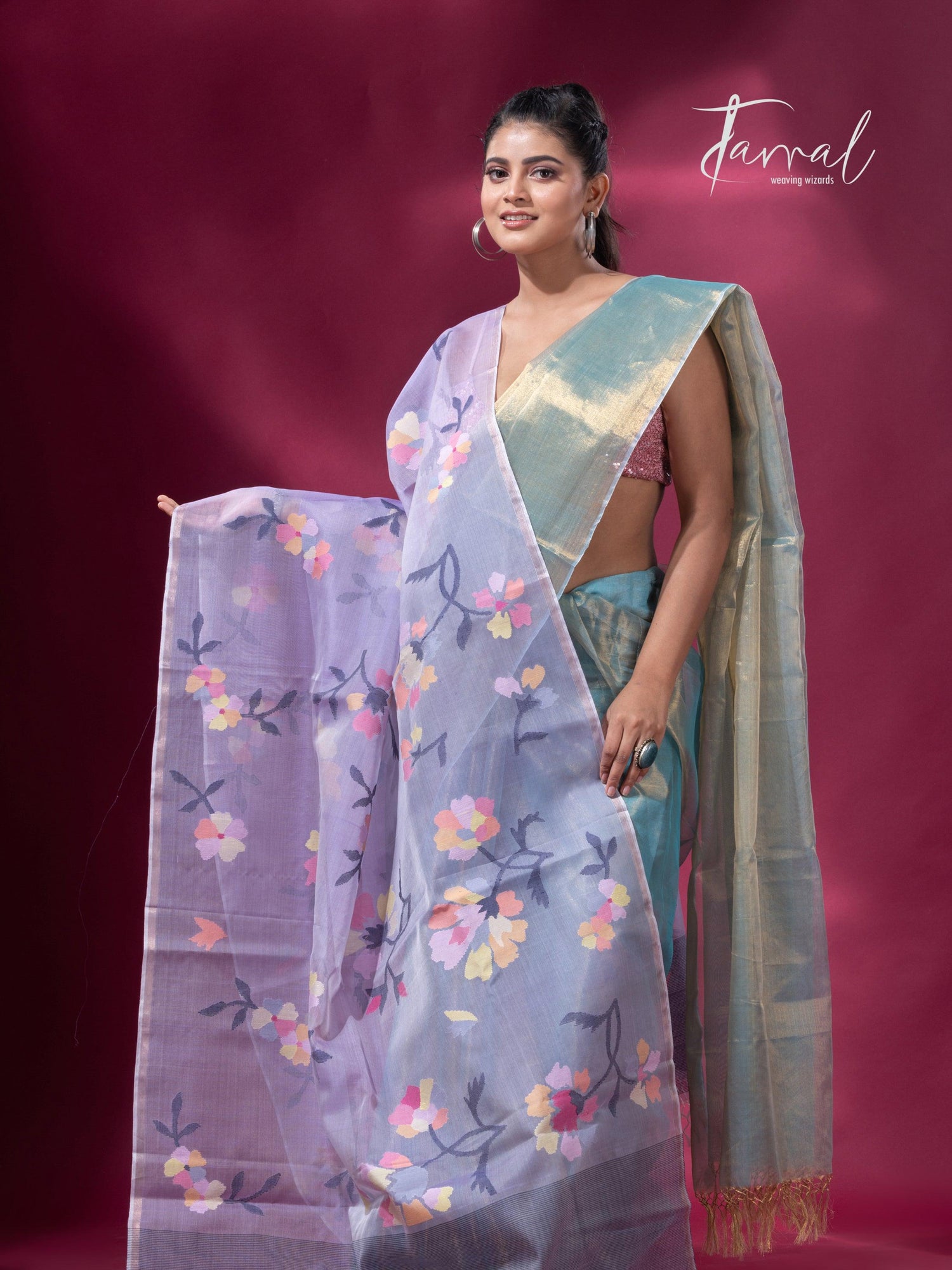 Lavender floral handwoven muslin silk jamdani dupatta1