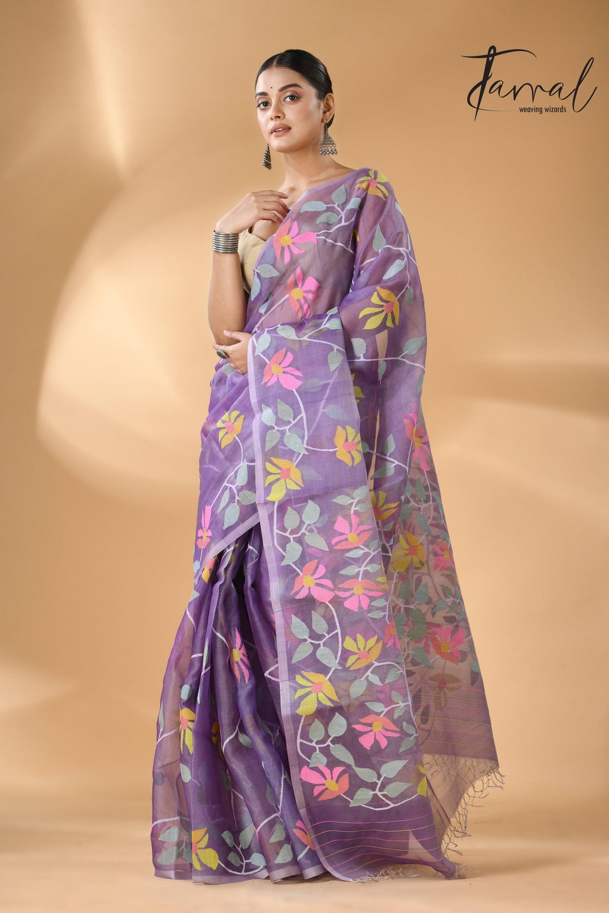 Lavender with multicolour muslin silk allover floral handwoven needle work jamdani saree - Tamal Boutique