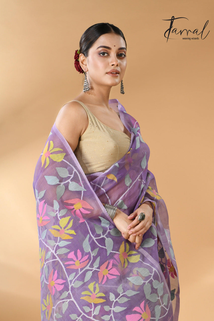 Lavender with multicolour muslin silk allover floral handwoven needle work  jamdani saree - Tamal Boutique