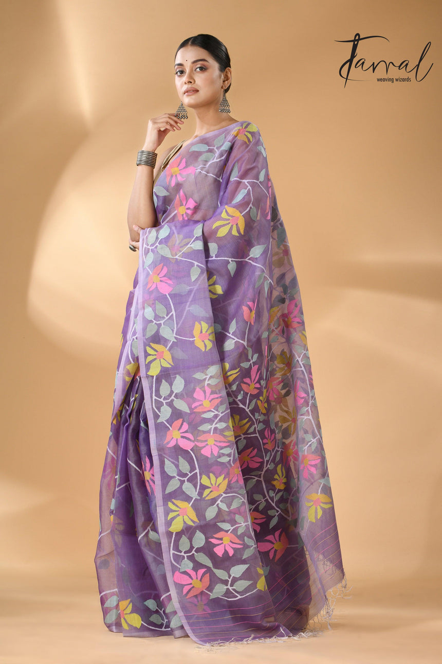 Lavender with multicolour muslin silk allover floral handwoven needle work  jamdani saree - Tamal Boutique