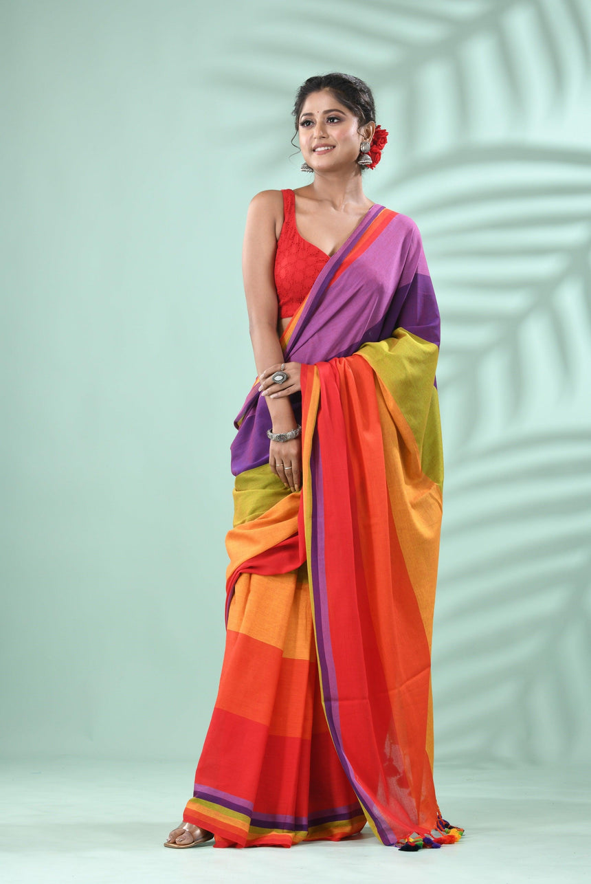 Lavender with multicolour pure mul cotton handloom saree