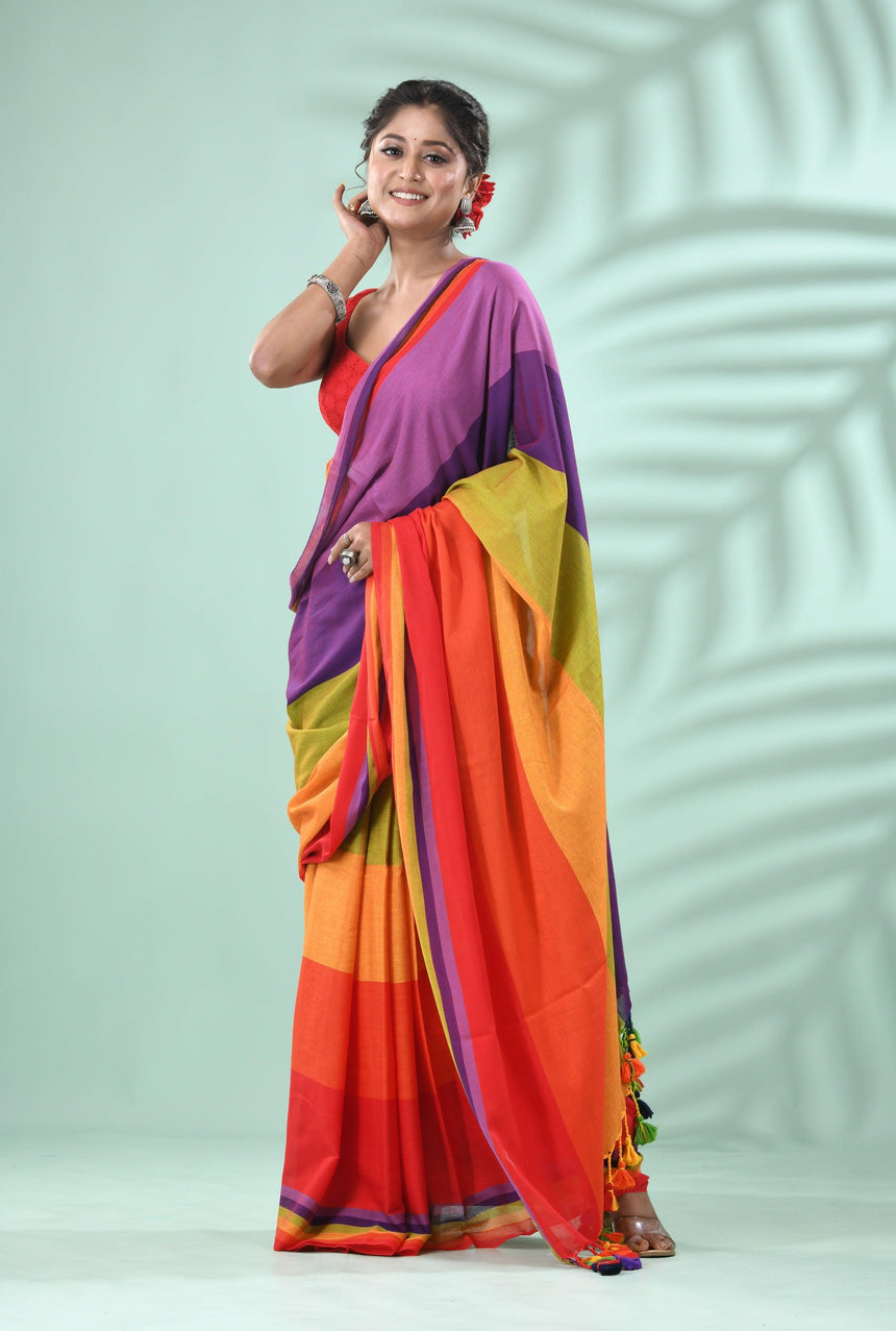 Lavender with multicolour pure mul cotton handloom saree