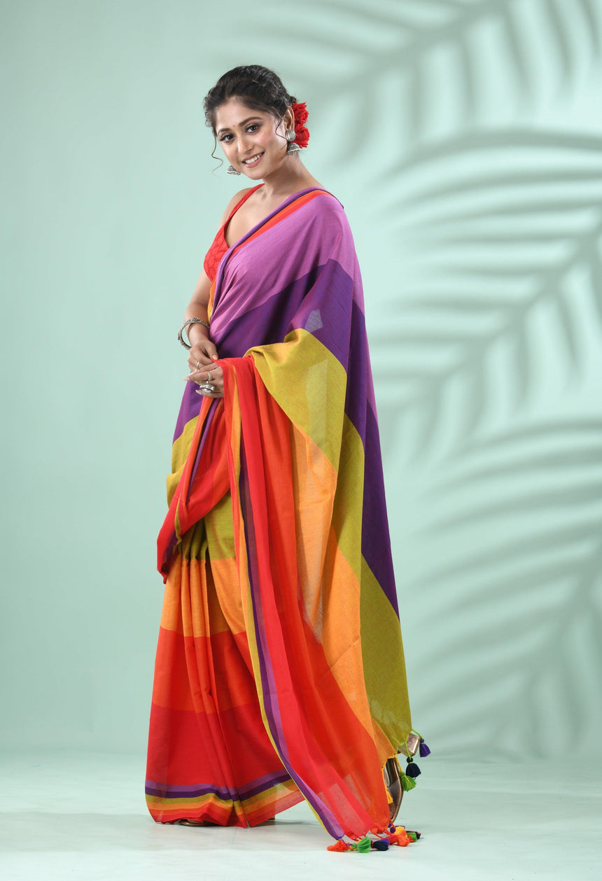 Lavender with multicolour pure mul cotton handloom saree