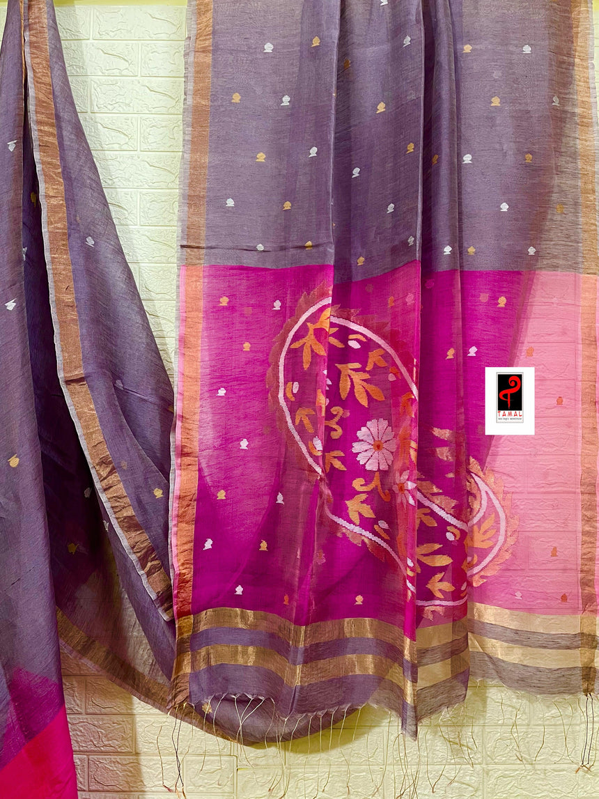Lavender with hot pink pallu silk linen handwoven jamdani saree - Tamal Boutique